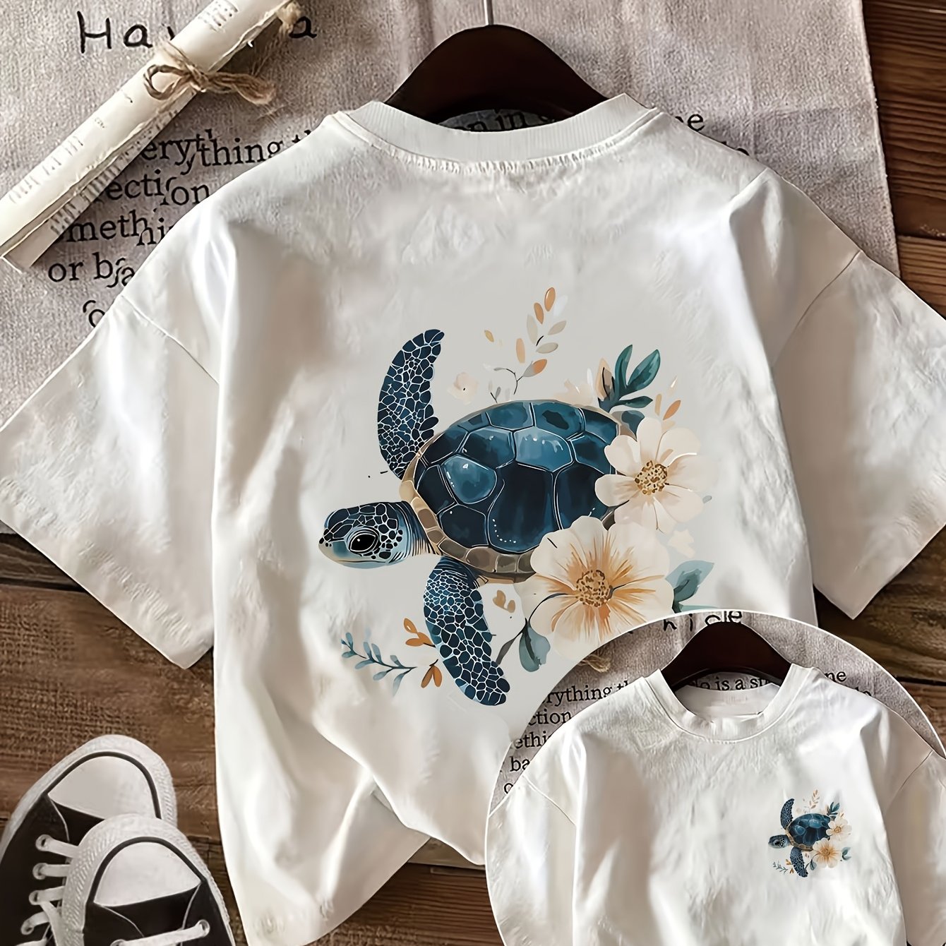 TEMU Reversible Printed Summer Casual Women's Top, Watercolor Style Turtle And Floral Pattern, Round Neck Solid Short Sleeve T-shirt