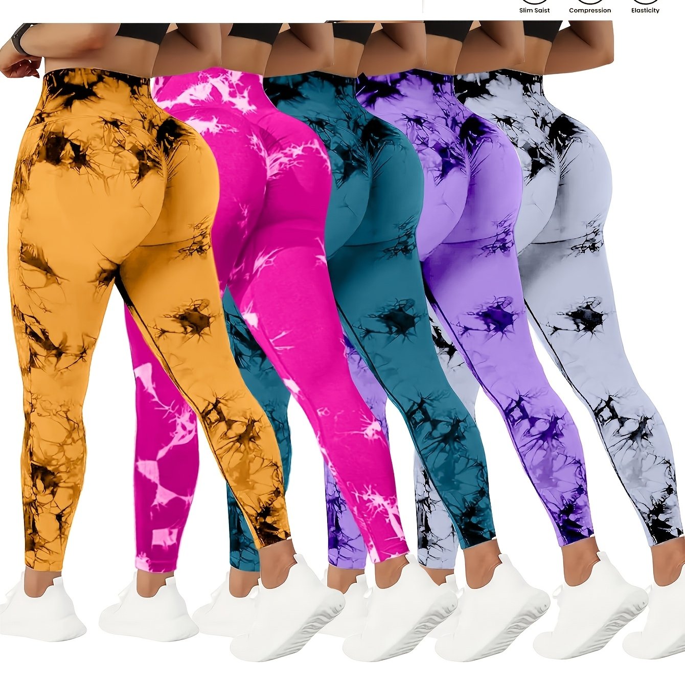 Image of 5-pack Qgu Women's High Waist Tummy Control Pants - Full Coverage Tummy Leggings, 90% Polyamide/10% Elastane Stretchy Tights, Assorted Colors (tie-dye,,, For Wear)