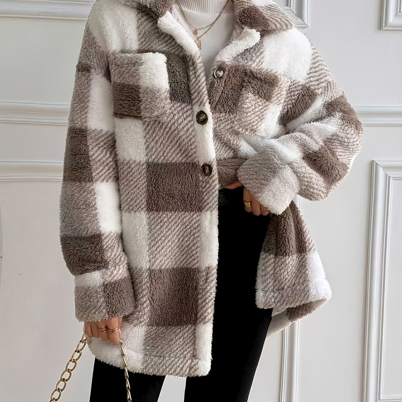 2025 Autumn/winter Buffalo Check Print, Lapel, Pocket, Button, Mid-length Teddy Bear Coat, Elegant Women's Jacket