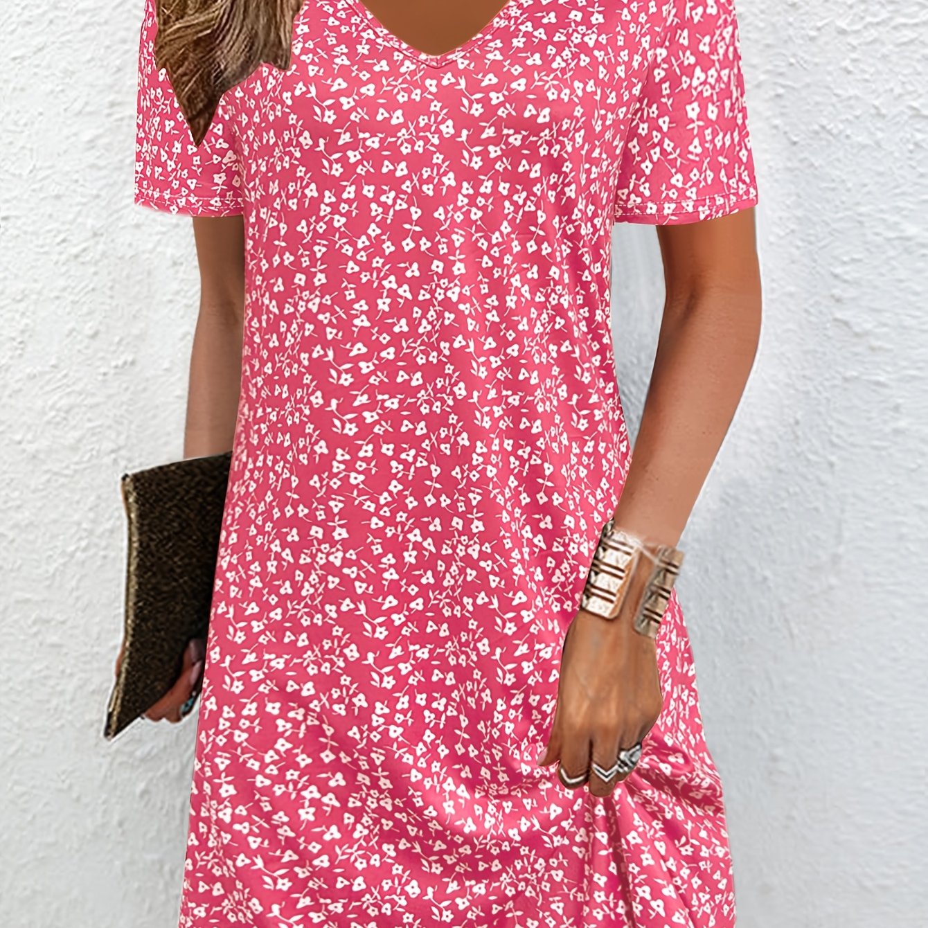 TEMU 2026 Summer New Style Softcore Floral Print Dress, Pink V-neck Design, Elevated Apparel, And Figure-flattering, Gentle Citywalk Outfit, ,