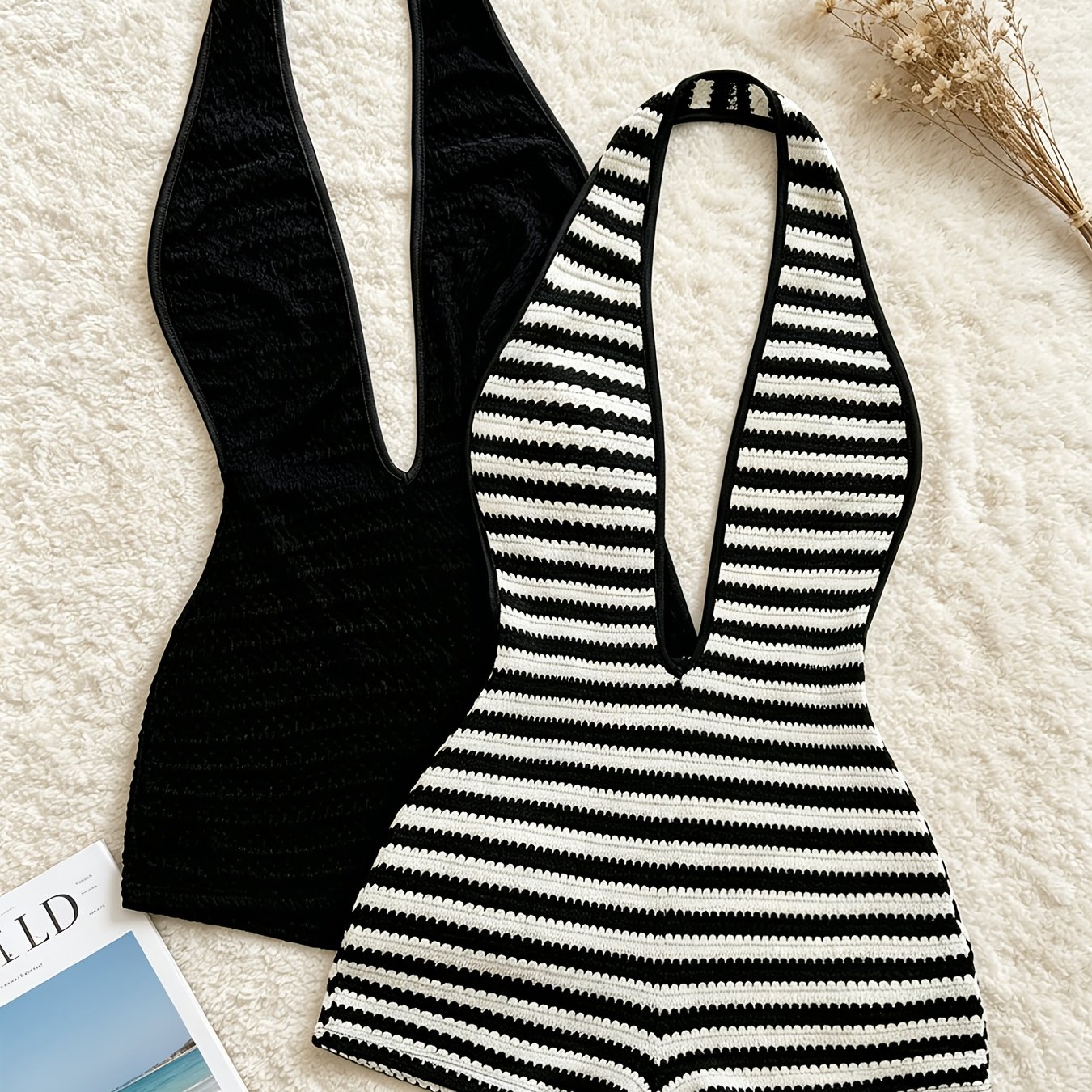 TEMU Two-pack Spring/summer Halter Neck Deep V Bodysuit, Designer Slim-fit Outerwear Jumpsuit, Versatile Waist-cinching 1pc Shorts