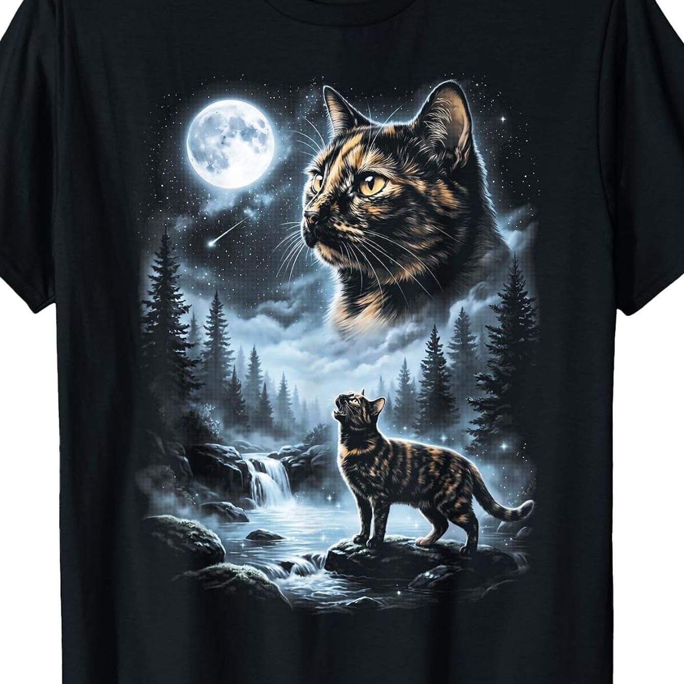 TEMU Tortoiseshell Cat At Moon 90's Retro T-shirt Fashion Printed Crew Neck T-shirt Soft And Relaxed Fit Versatile Casual Wear For Style Fans Perfect