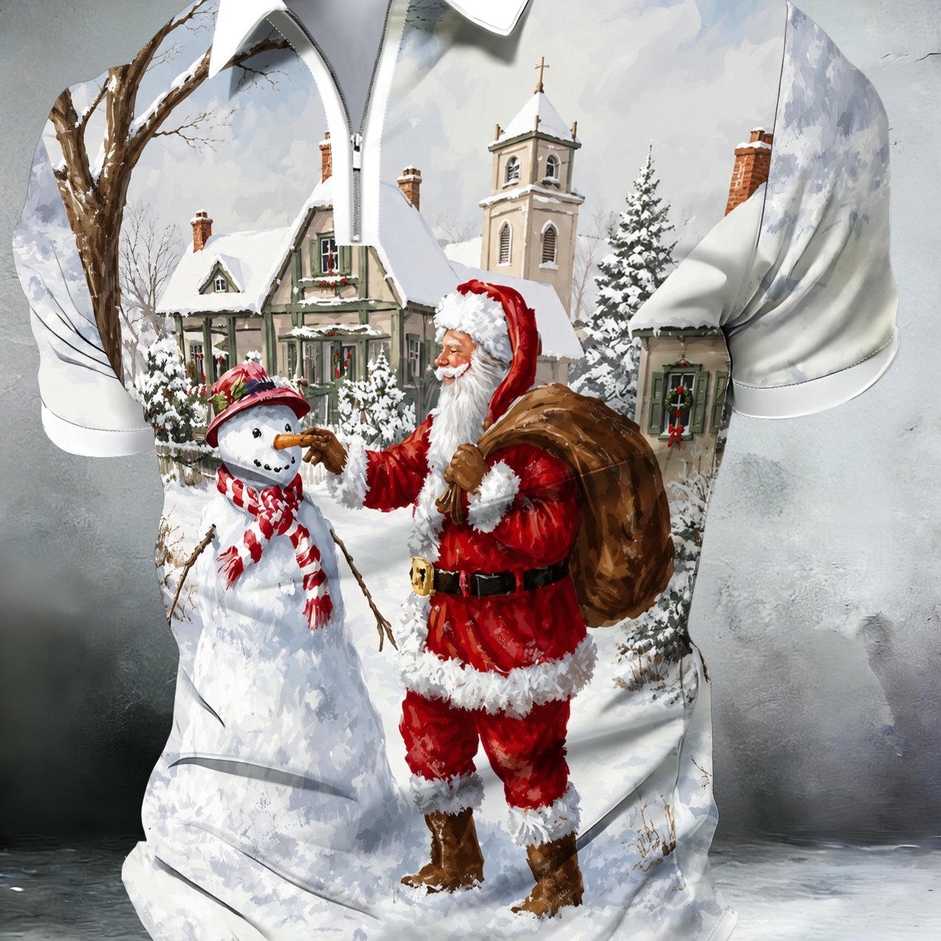 TEMU Winter Christmas Town Printed Men's Zip Shirt, Santa Claus And Snowman Warm Pattern, Stylish Casual Collar Top, Women's Clothing