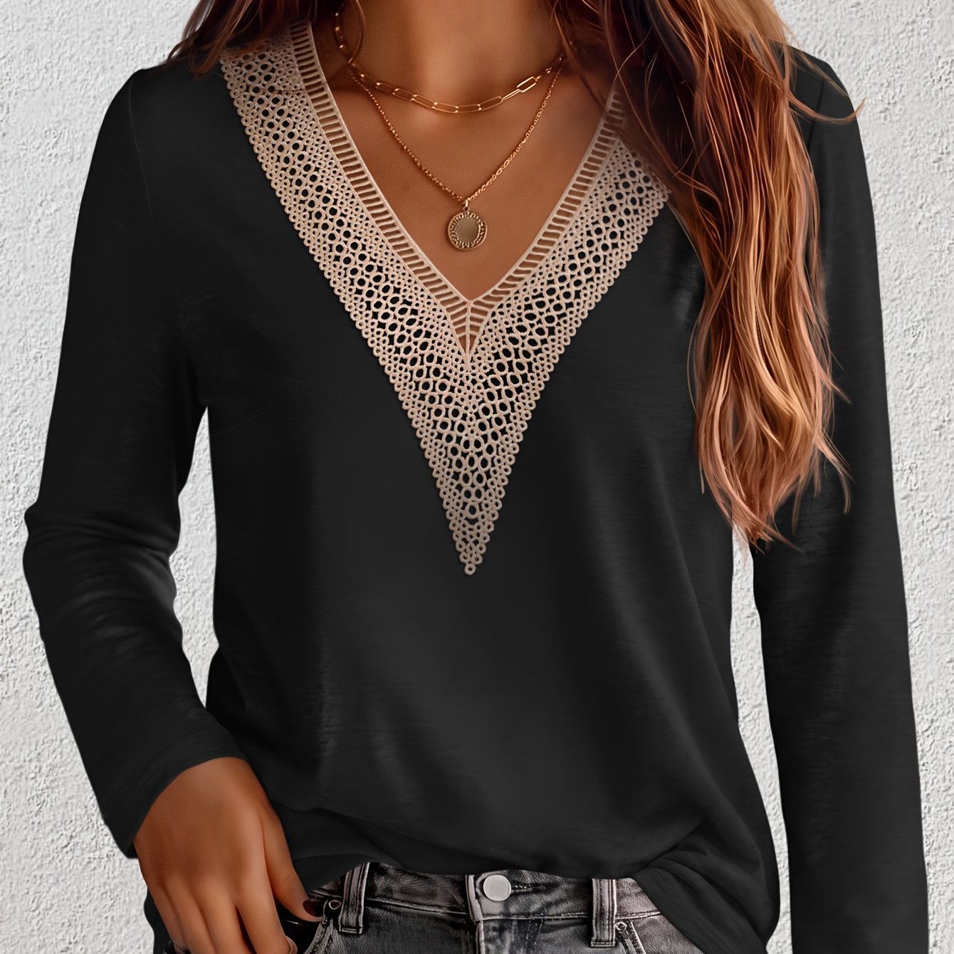 TEMU Autumn Winter New Casual Fashion Solid Color Stretch V-neck Collar Long Sleeve T-shirt