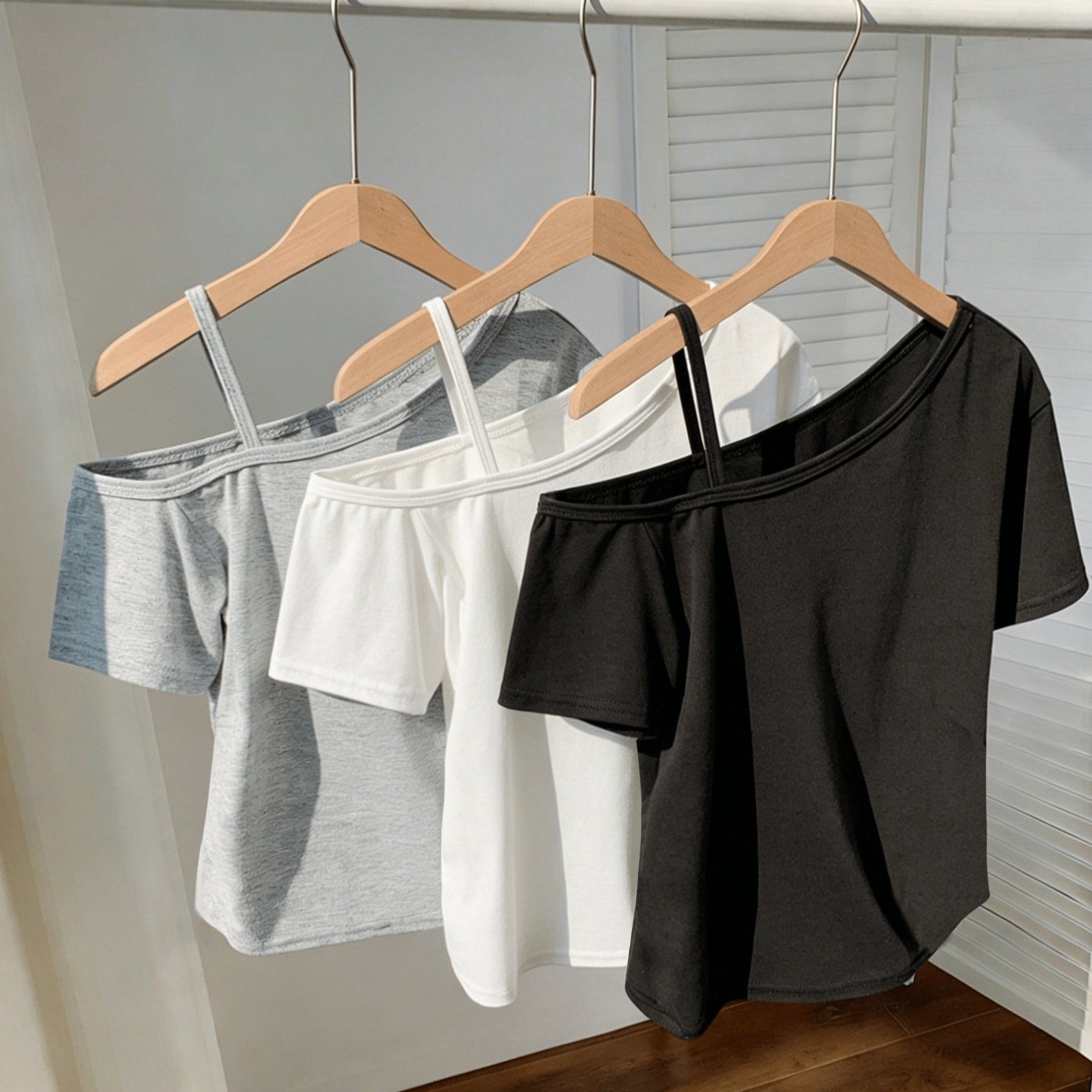 Image of 3pcs Girls' Fashionable Simple Summer Tops, Solid Color Spaghetti Strap Off-shoulder Short Sleeve Blouses For Big Kids - Soft And Versatile Casual Outfits For