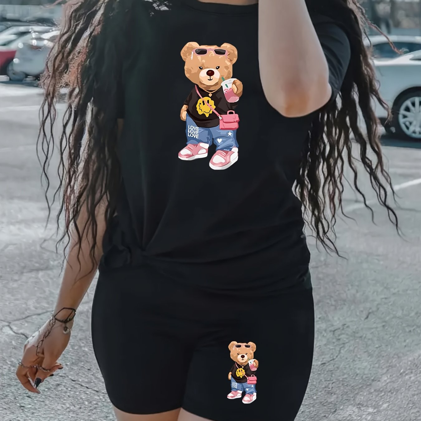 TEMU Women's 2pcs Bear Print Short Sleeve T-shirt & High-waist Shorts Set - Stretchy, Crew Neck, , Black Tee With Colorful Bear Graphic & Matching