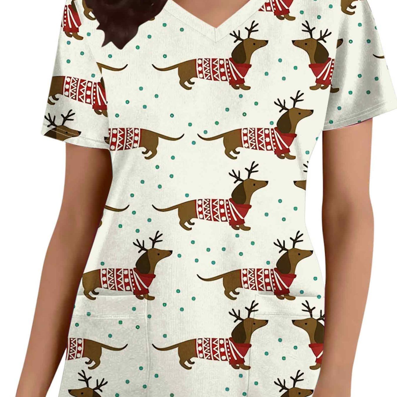 TEMU Christmas Women's Nurse Uniform, Beige Background With Dachshund Dog In Christmas Outfit Print T-shirt, Christmas V-neck T-shirt With Pocket,