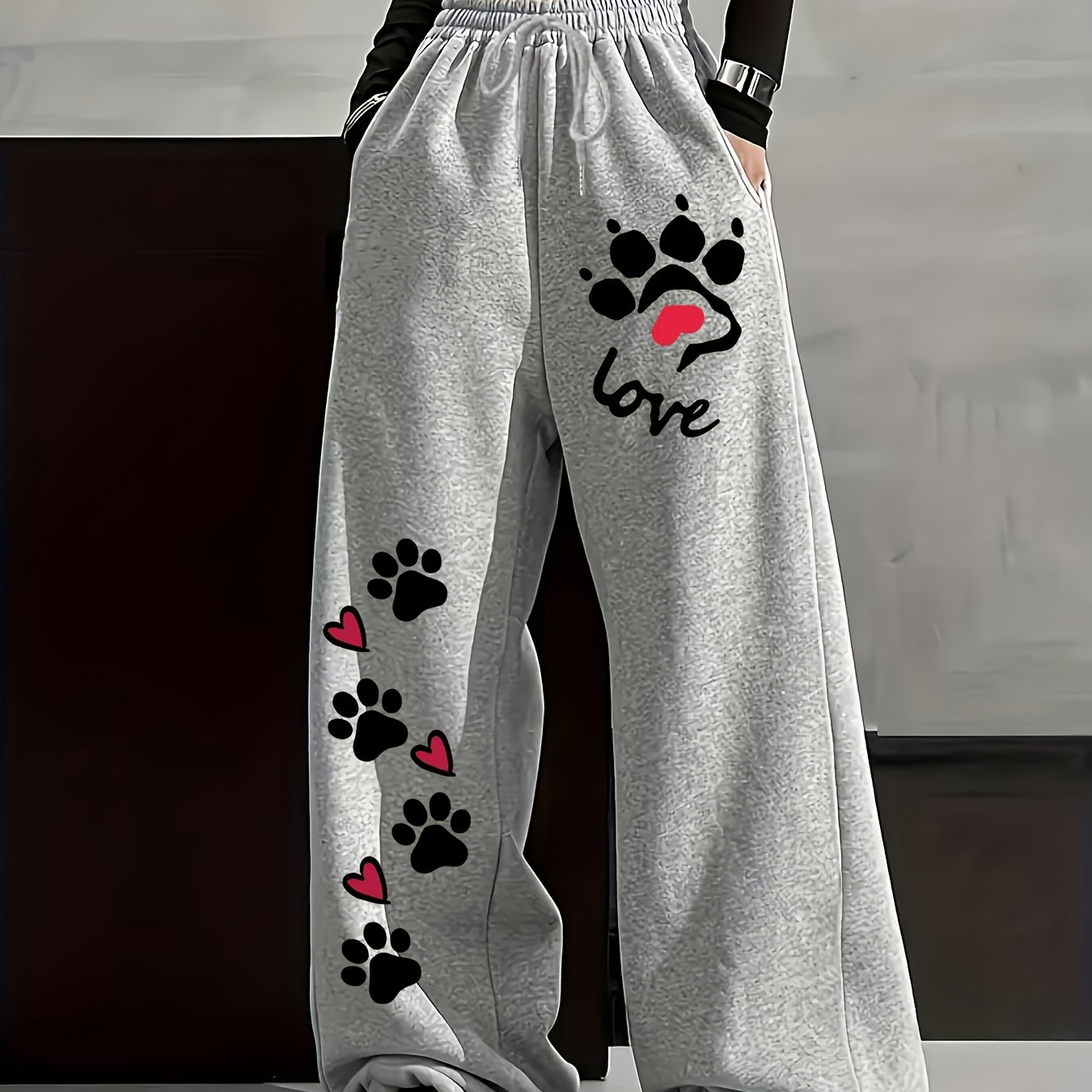 TEMU Cute Paw Print Heart Wide-leg Sweatpants With 'love' Letter Print, Birthday Gift, Valentine's Day Gift, Halloween Costume, Christmas Costume,
