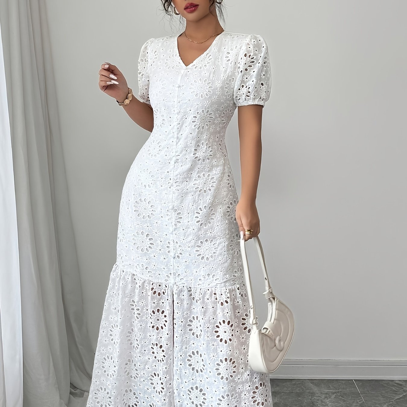 TEMU Elegant Spring/summer Women's Dress, Floral Lace V-neck Short Sleeve Button-up Midi Dress