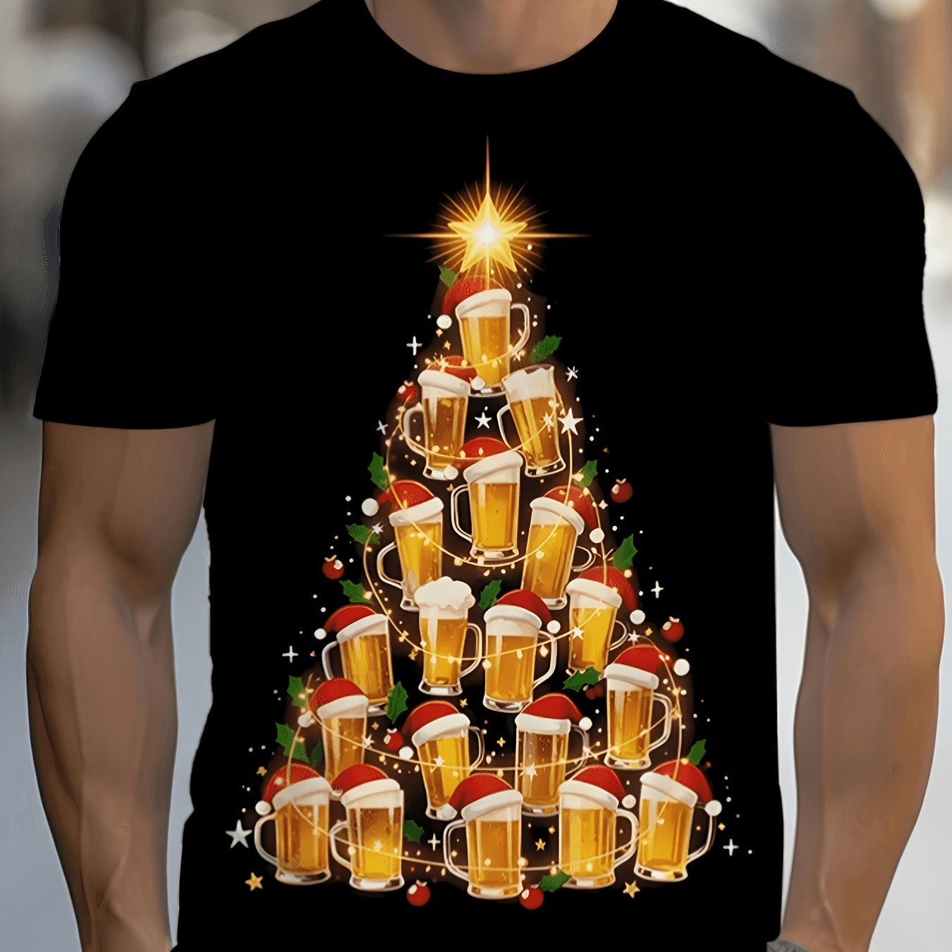 TEMU Men's Christmas Tree Beer Print T-shirt | Black Casual Short Sleeve Crew Neck Top With Beer Mug And Candy Cane Design, Ideal For Parties,