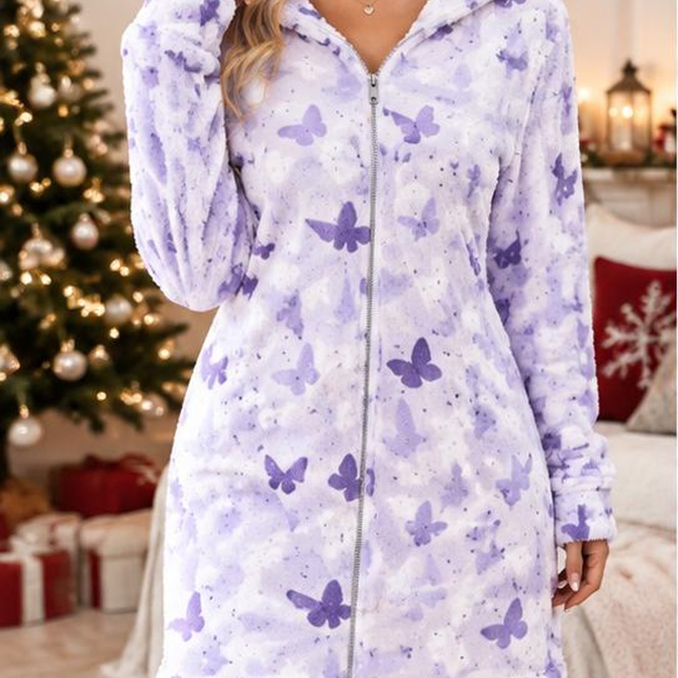Image of Women's Plus Size Plush Hooded Zip-up Nightgown, Purple Print Fleece Robe For Women, Wear Trendy Relaxed Long Sleeve Robe, Home Sleepwear Holiday Vacation, Fall Winter, Christmas Gift
