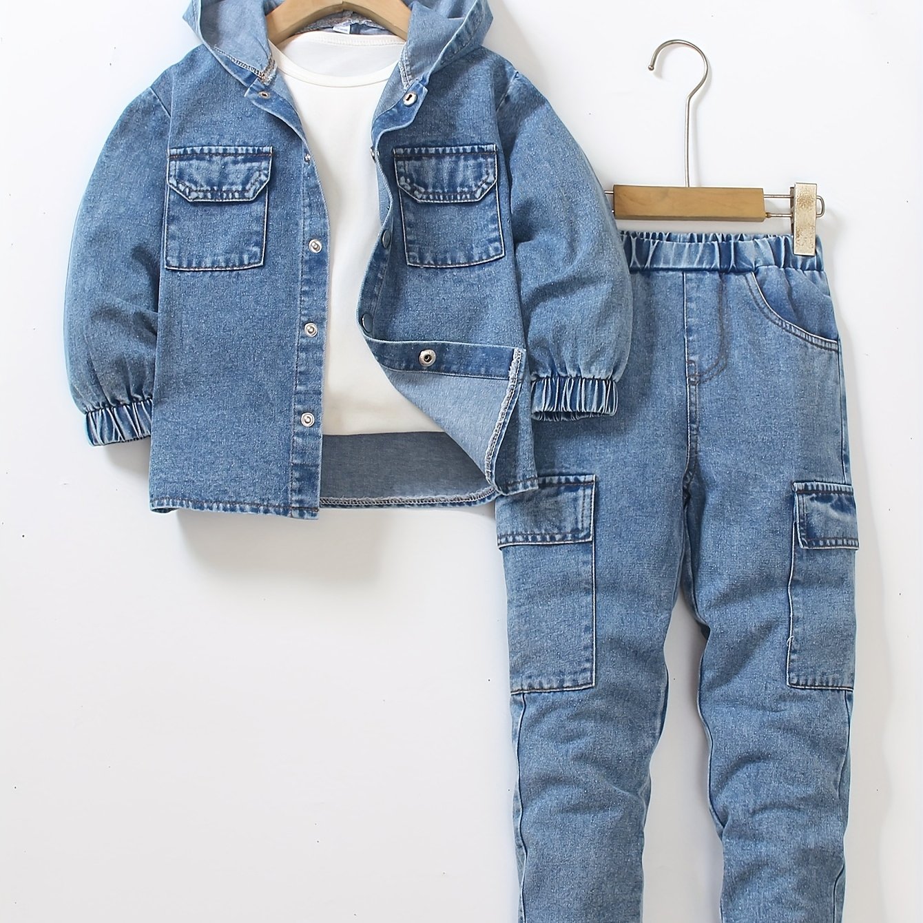 Image of 2pcs Set: 1 Set Of Fashionable Casual Washed Denim Hooded Long-sleeve Top And Long Pants, For Outdoor