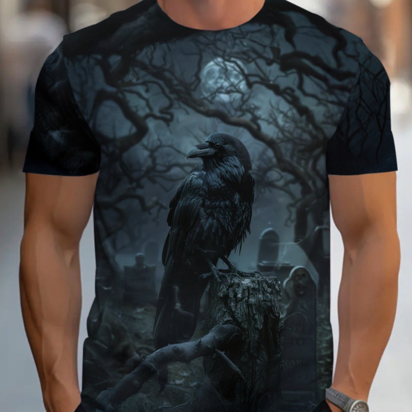 TEMU Men's Lightweight And Short-sleeve T-shirt Featuring A Dark , Wolf, And Moon Design, Perfect For Casual And Daily Wear