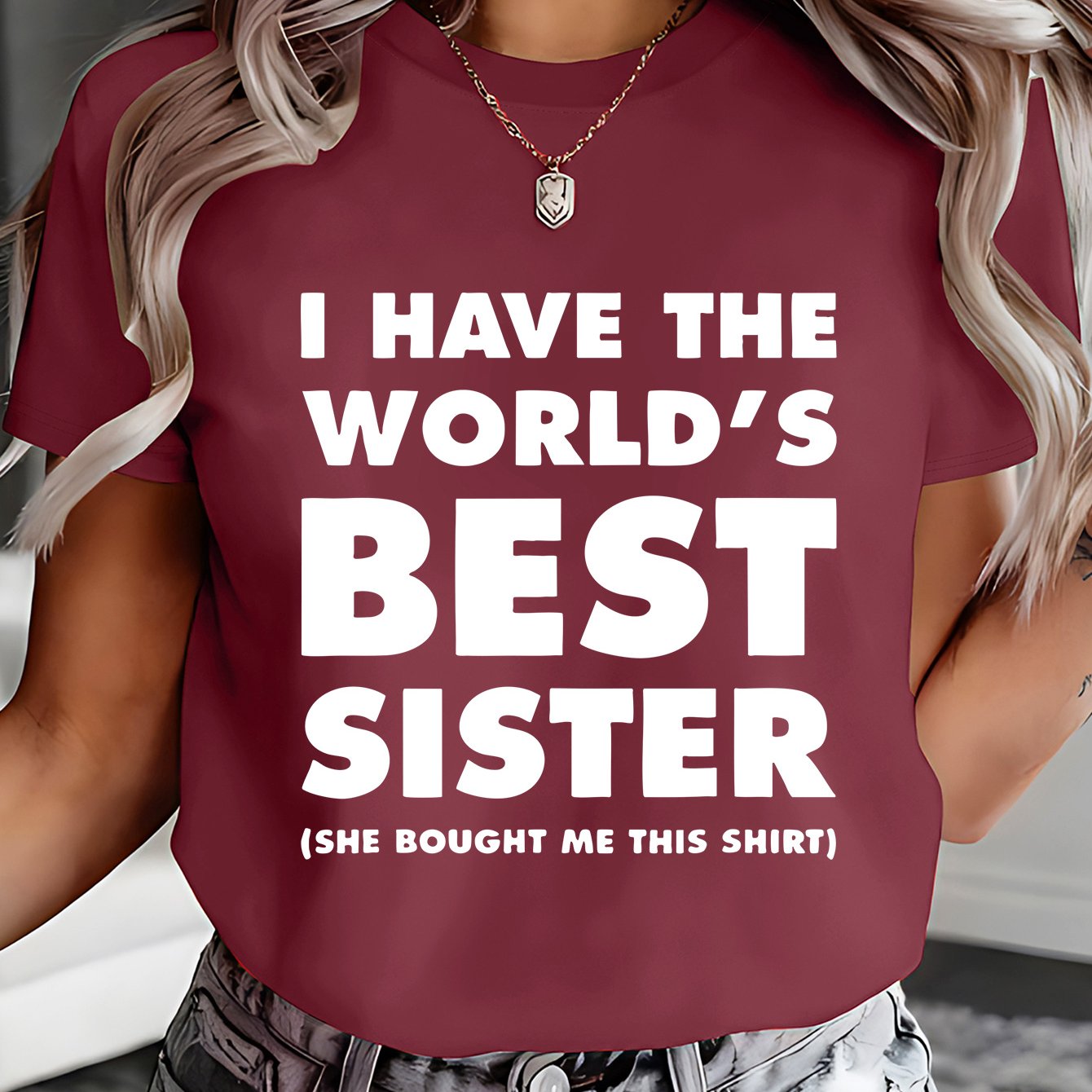 TEMU White Text T-shirt "i Have The Best Sister In The World She This Shirt" Printed Sweatshirt, Spring/summer Crew Neck Casual Sweatshirt, Short