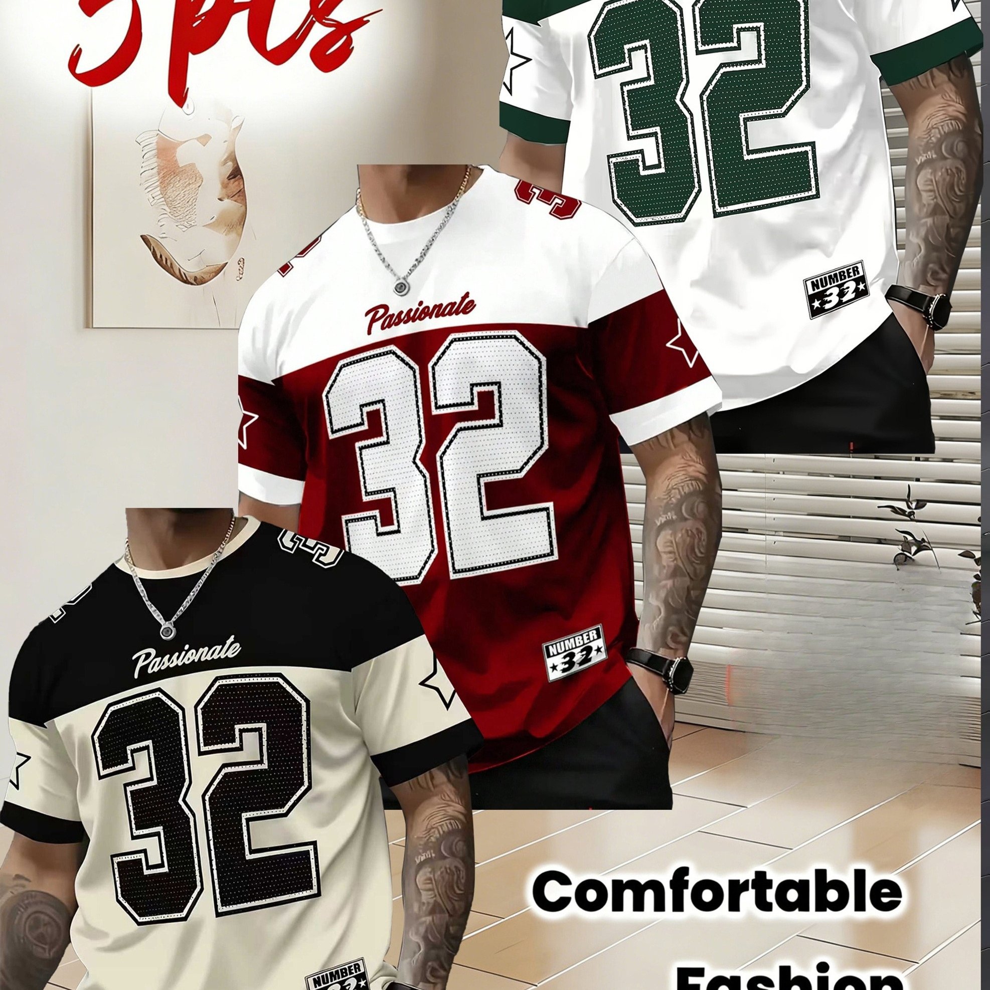 TEMU 3pcs Men's New Style T-shirt Set - Quick-dry Crew Neck T-shirt, Black With Number 32 Design - Breathable Streetwear Top Suitable For Gym, Daily,