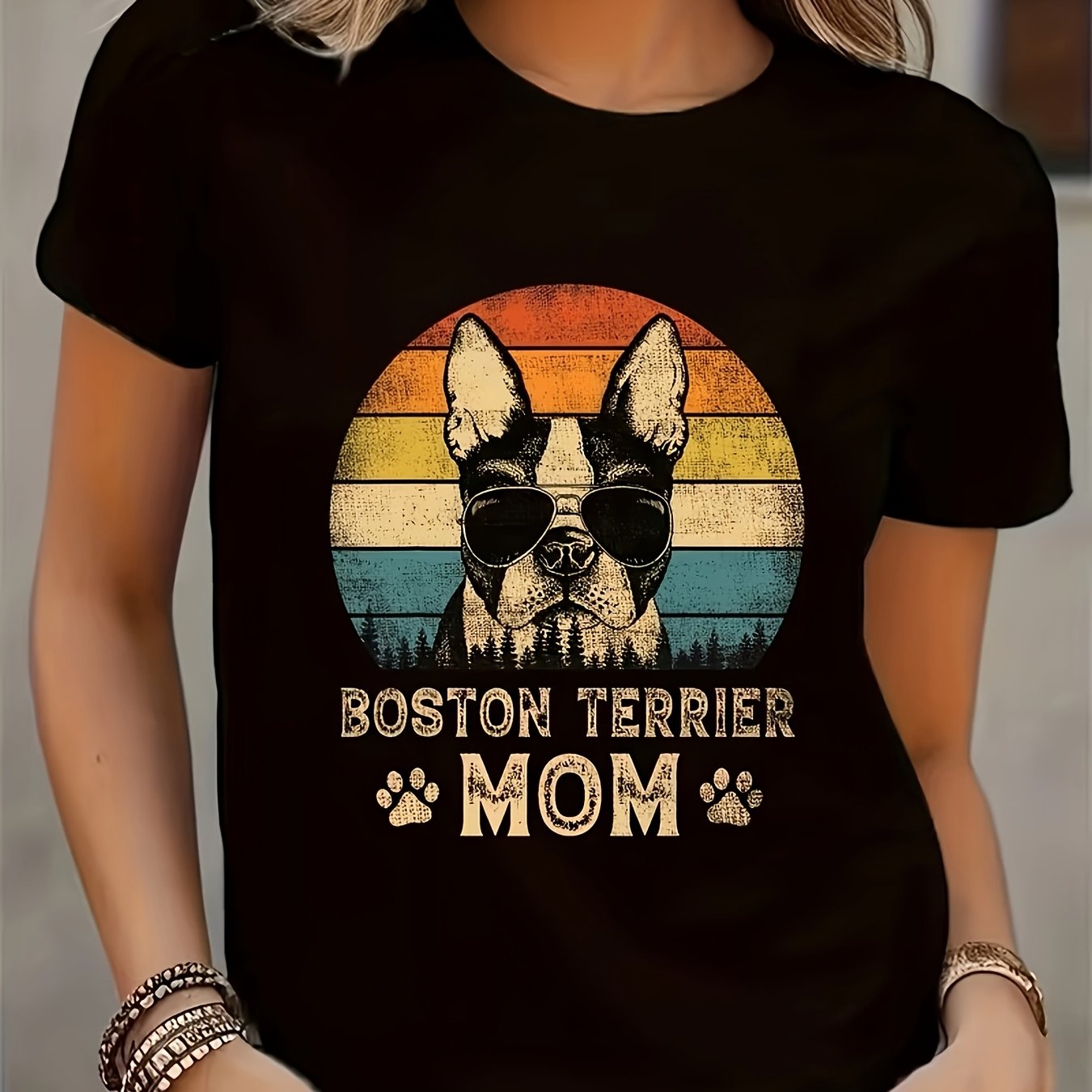 TEMU Women's Boston Terrier T-shirt - Boston Terrier & Lettering Short Sleeve Round Neck Tee, Machine Washable Suitable For Dog Moms, Spring Summer