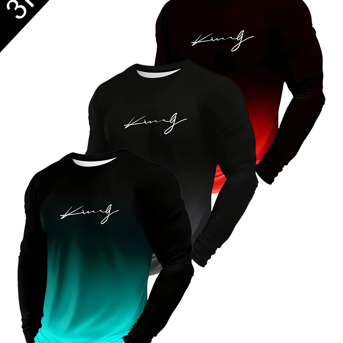 TEMU 3pcs Men's Gradient Long Sleeve T-shirts - Soft Smooth Fabric, Round Neck Casual Daily Wear Suitable For , Machine Washable Layering (no)