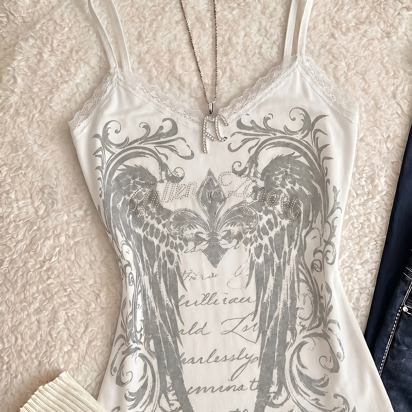 TEMU Haut Cami d'Été Vintage à Imprimé Ailes et Col en V, Aesthétique Millénaire, Coupe Slim, Top à Bretelles Fines et Épique