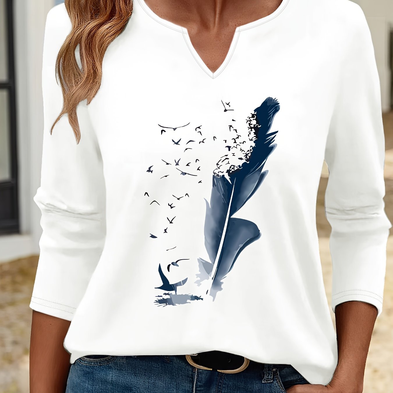 TEMU Graphic Print T-shirt, Long Sleeve V Neck Casual Top For Spring And Fall, Women's Clothing