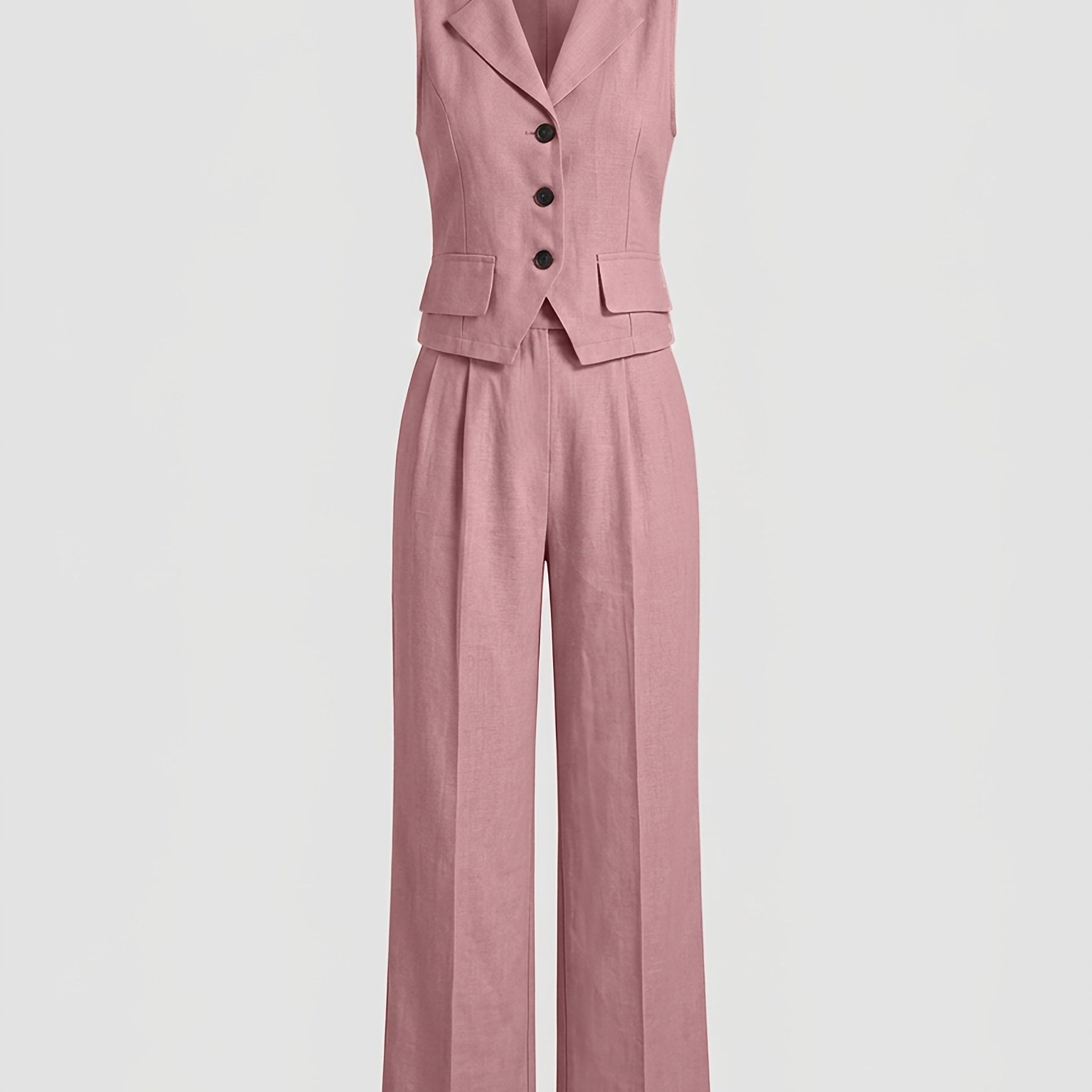 TEMU Soft Pink Lapel Vest And High-waist Wide-leg Pants Set, Draping Lightly Mature Style Commuter Professional Two-piece Outfit. -like Fabric