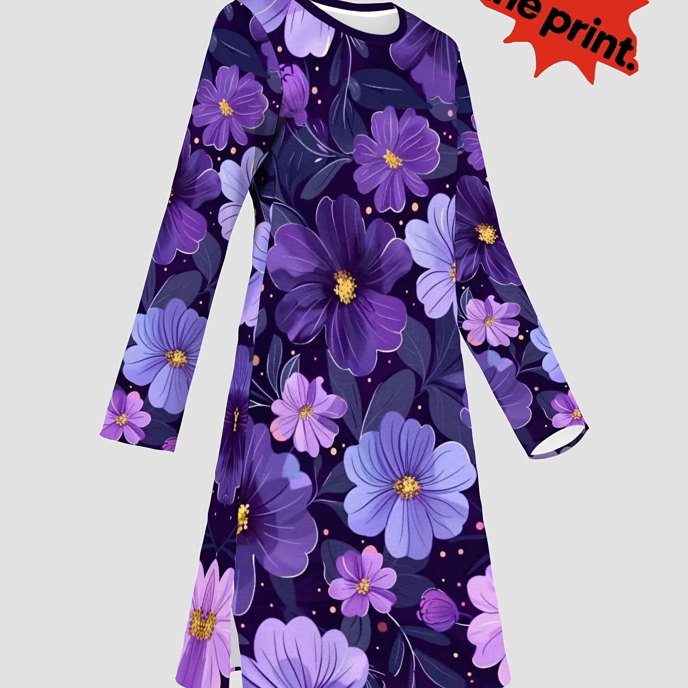 TEMU [printed Design â Not Textured/embroidery/sequins] Women's Long Top, Purple Floral Pattern, Polyester Fiber Material, Multiple Sizes , Stylish