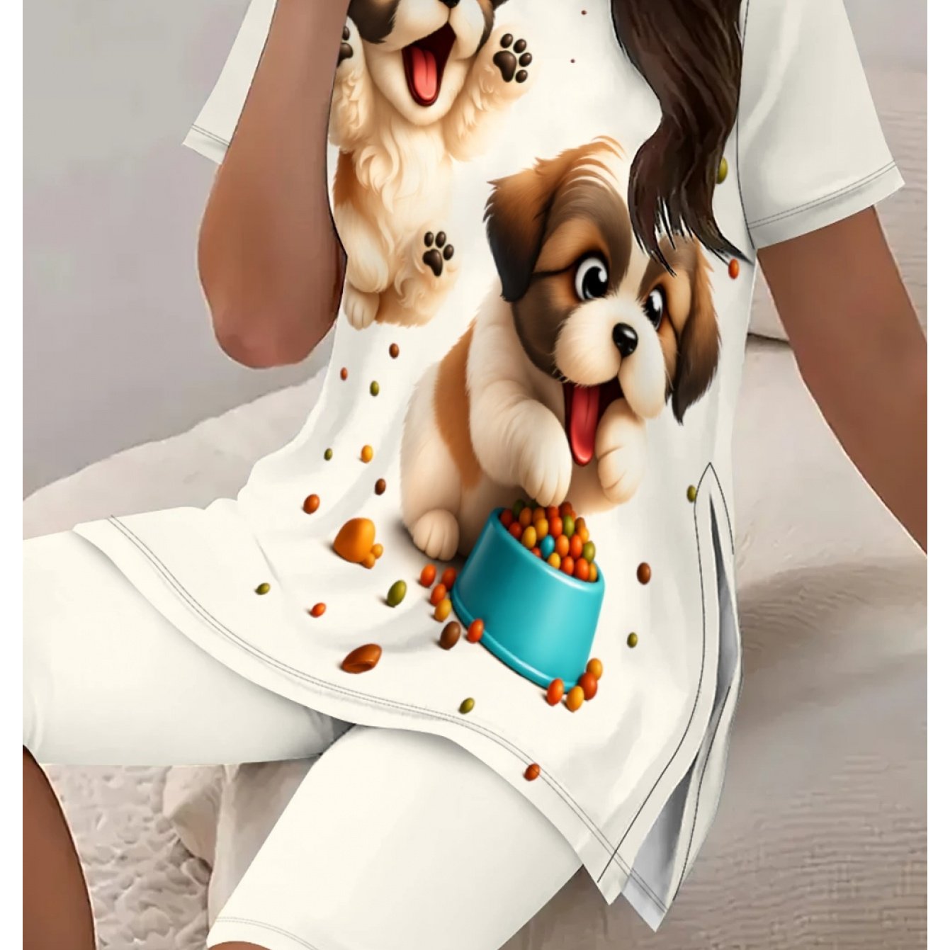 TEMU Plus Size, Plus Size Women's Cute Puppy Short Sleeve Set, Lovely& Loose T-shirt& Shorts 2pcs Outfit