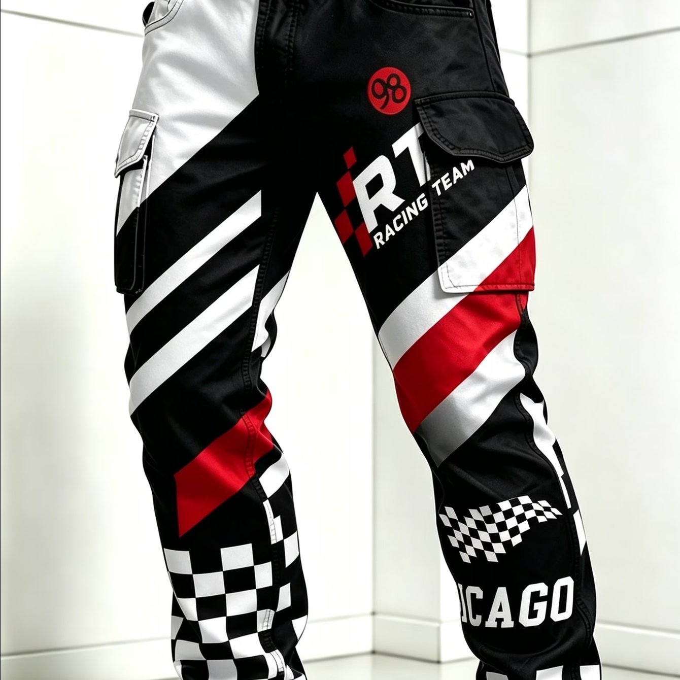 Image of Men's Racing Cargo Pants, Casual Outdoor Daily Wear Straight Leg Trousers With Multi Pockets