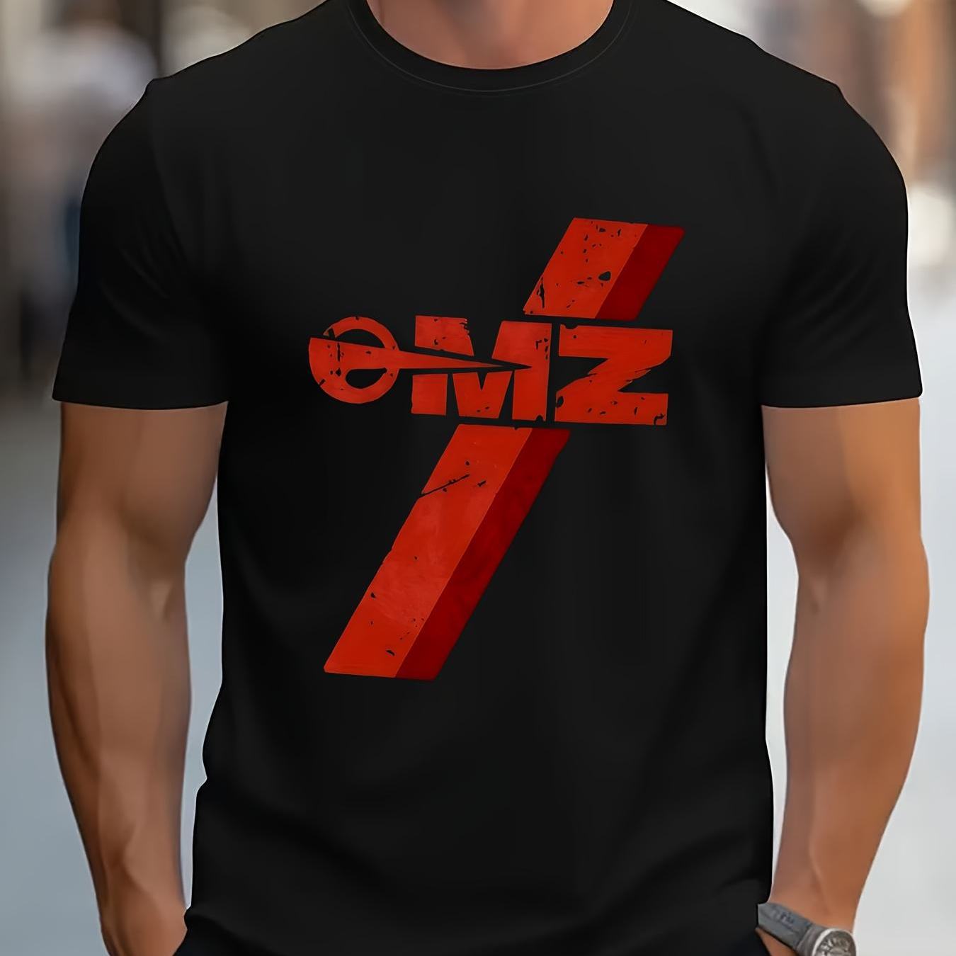 Omz Mz Men's Black Distressed Logo T Shirt With Red White Chest Emblem Print Round Neck Casual Streetwear Machine Washable For Fit