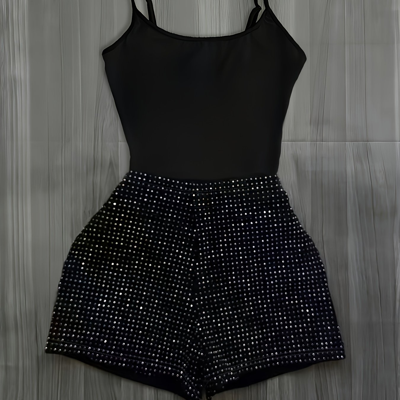 Image of 2pcs Set: Women' Solid Color Camisole Top With Rhinestone-embellished Slim-fit Shorts Category: Women's Pantsuits