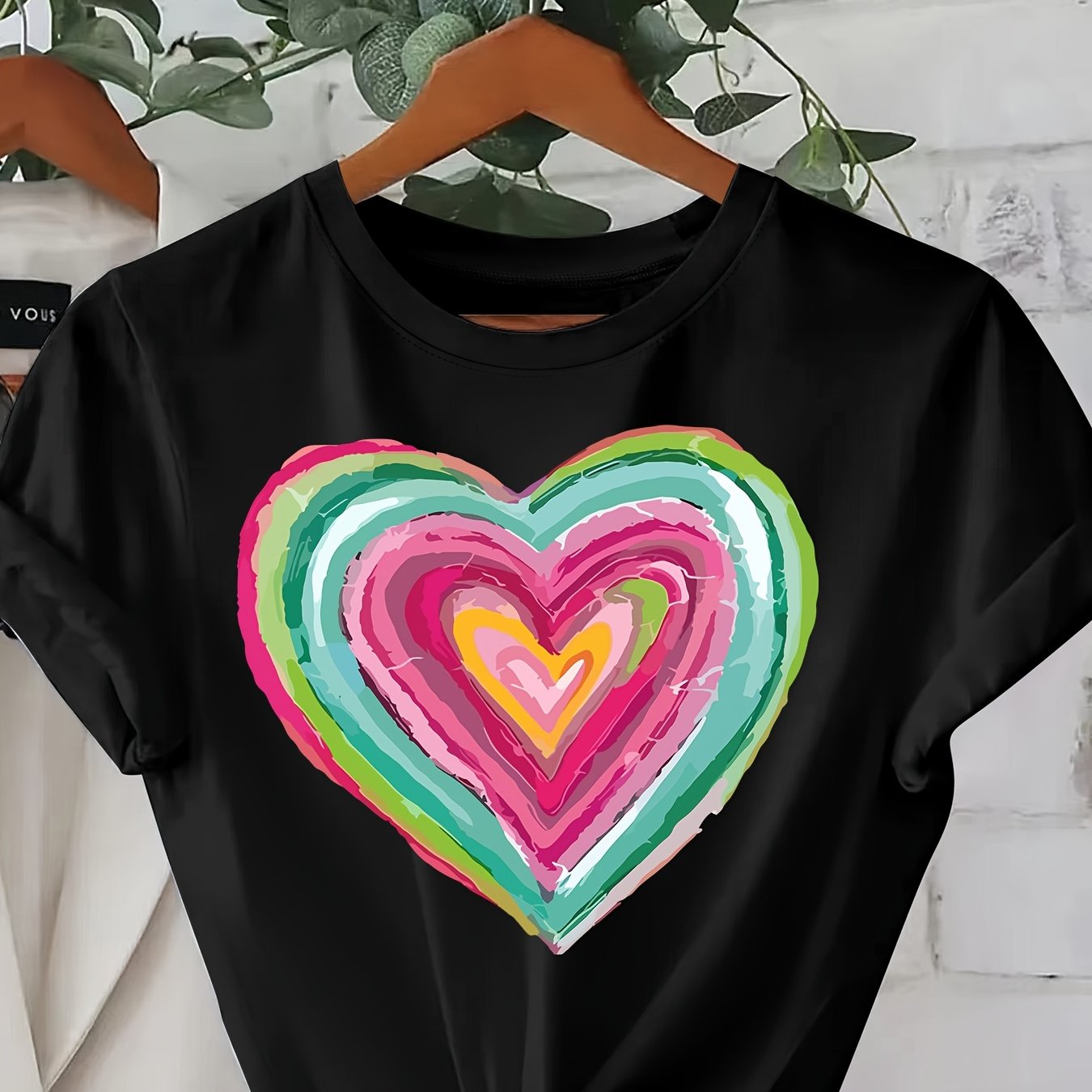 TEMU - - Women's Short Sleeve Crew Neck T-shirt - Vibrant Red Casual Top With Multicolor Geometric Heart Print, Relaxed Fit, Machine Washable, ,