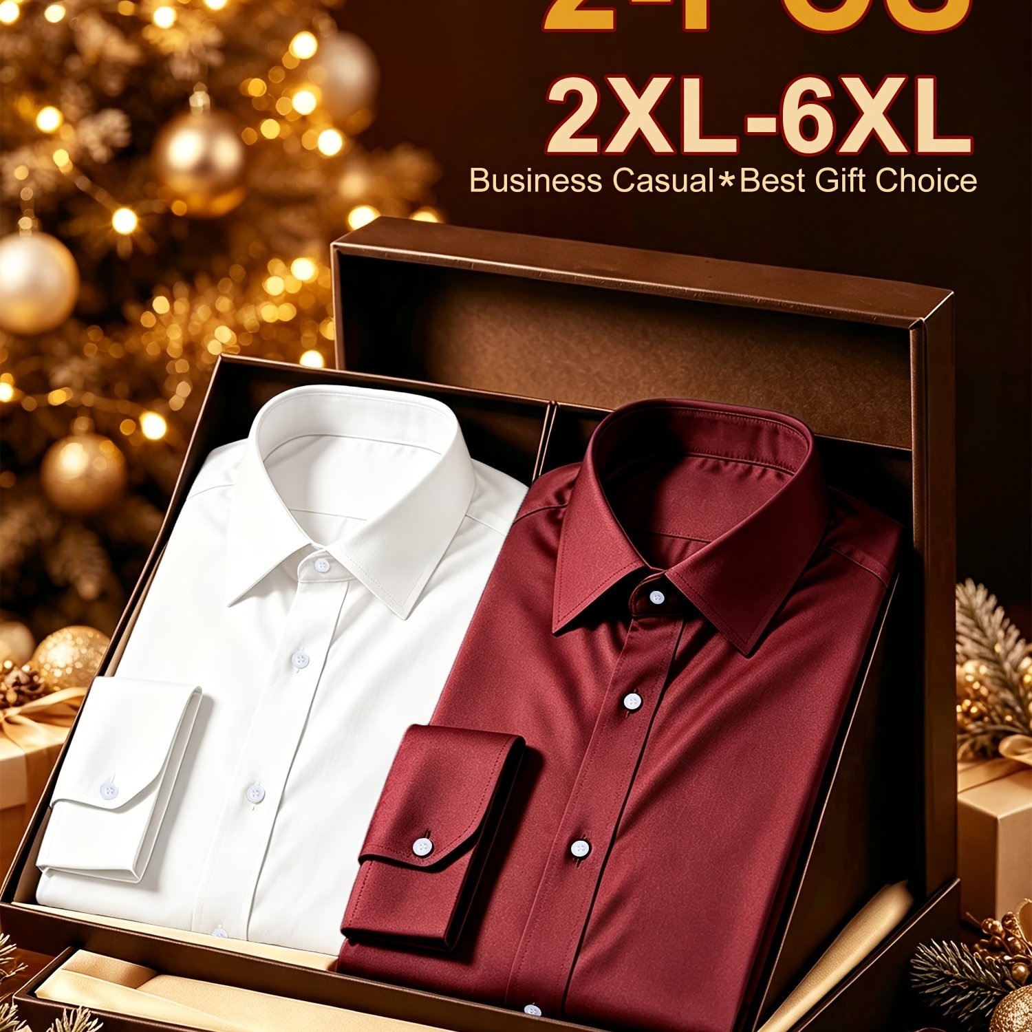 Image of 2pcs Plus Size Men's Long Sleeve Casual Formal Shirt, Non-iron Breathable , Solid Color Lapel Button, Loose Fit 2xl-6xl, Suitable For Father's Day/valentine's Day/christmas Gifts, Plus Size