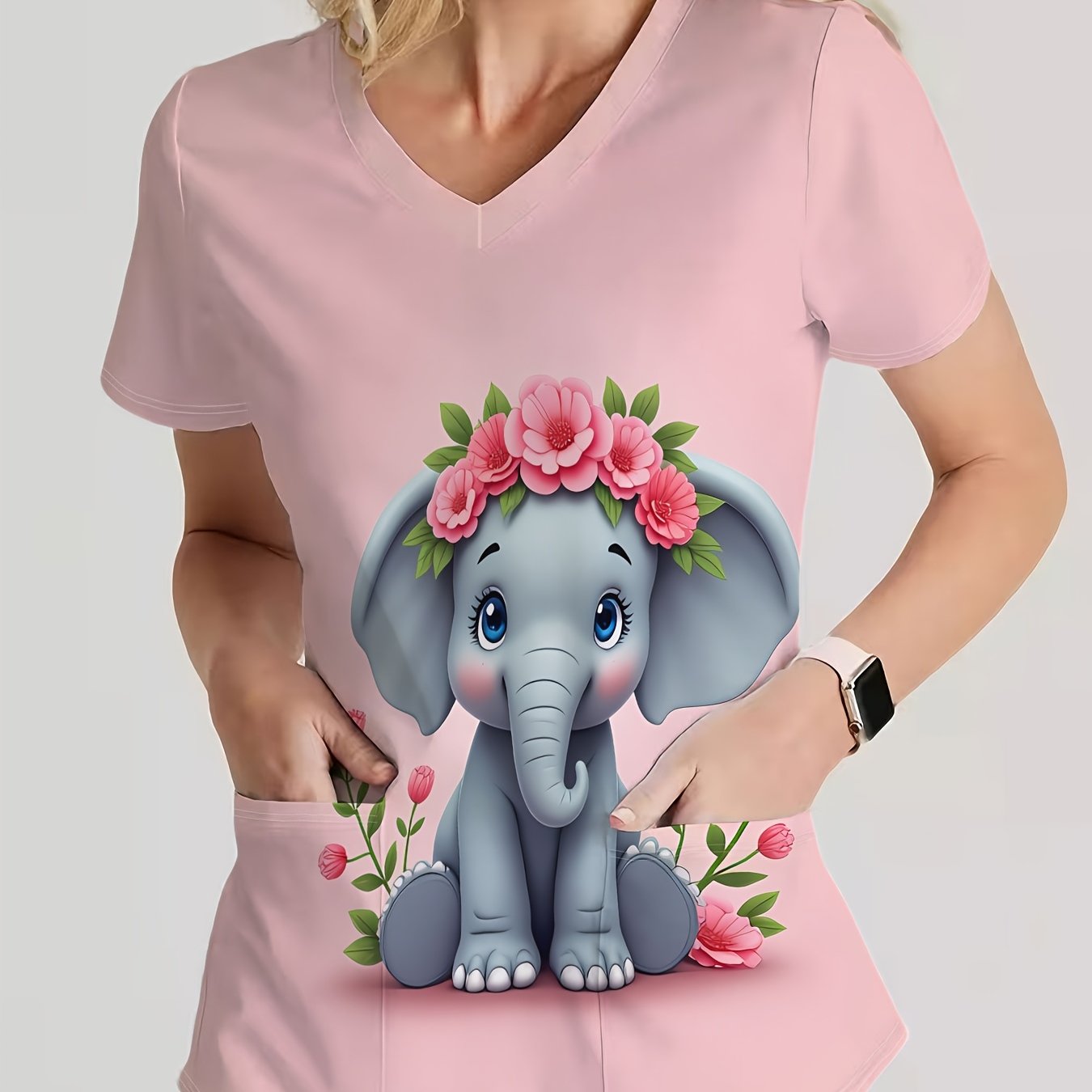 TEMU Cute And Beautiful Women's V-neck Short Sleeve T-shirt, Style, , Comfortable Care Uniform, Cute Print, Pink System Cute Elephant Flower Wreath
