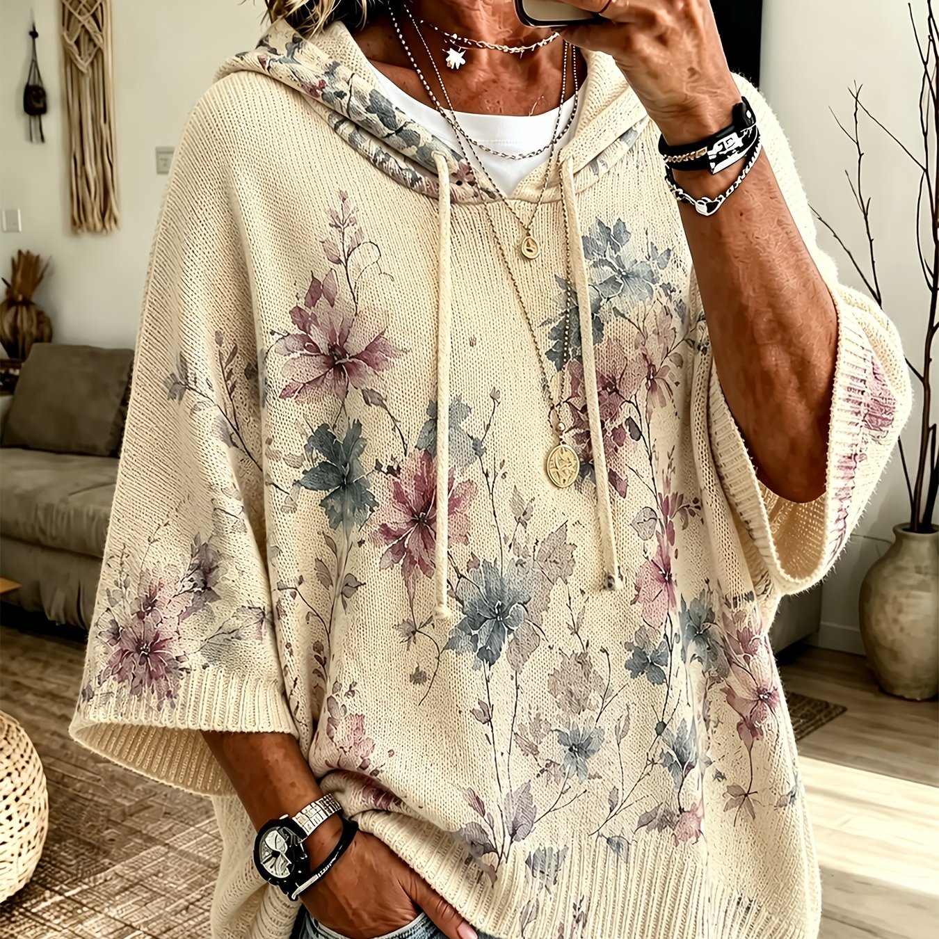 TEMU 2026 Women's Fall Winter Floral Print Hooded 3/4 Sleeve Cape Sweater Top With Drawstring Design, Casual Fashion Versatile Casual Vacation