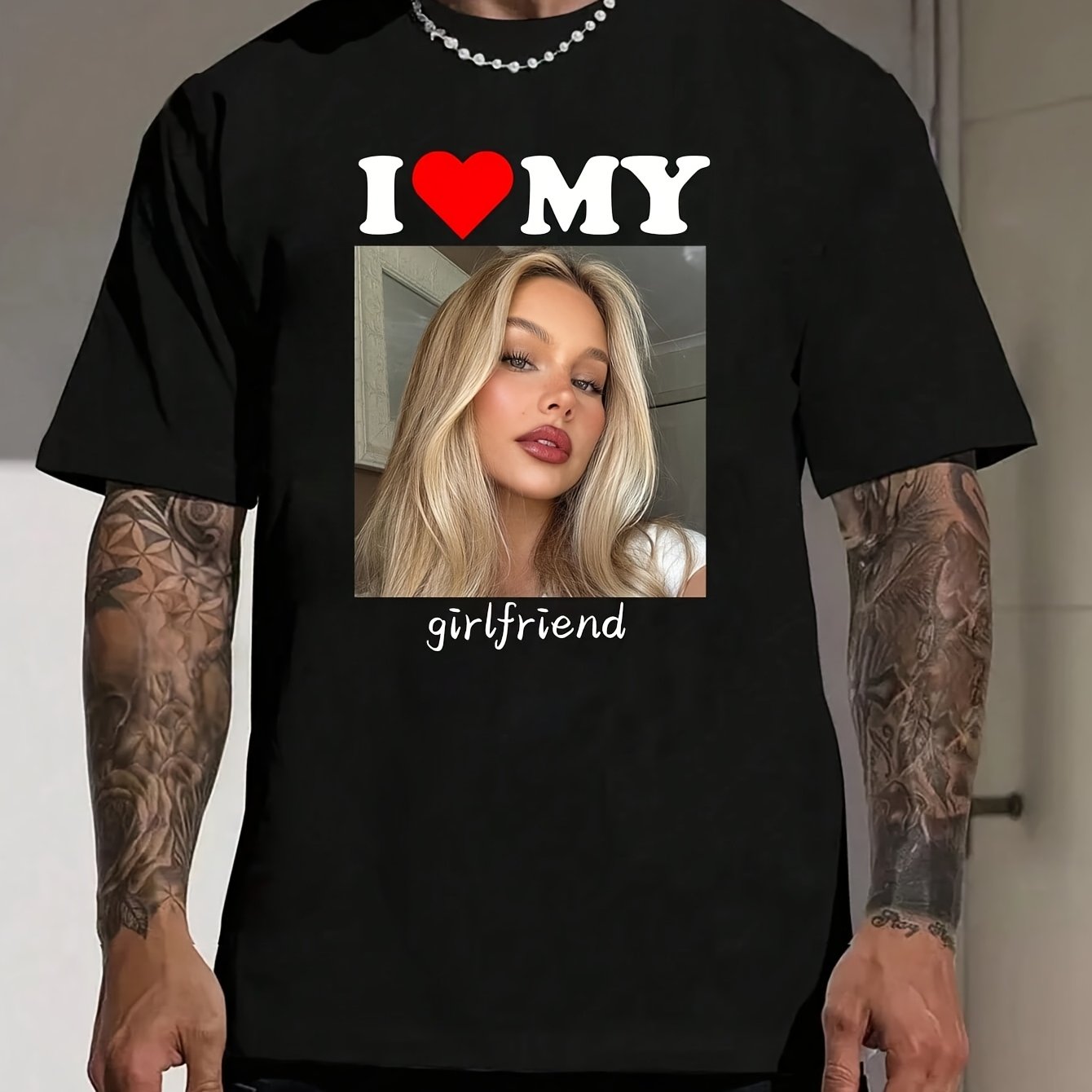 TEMU Customizable Loose Short-sleeve T-shirt For Men In A Boyfriend Style - Printed With Your Own Photo, Perfect For Parties, Teams, Couples, Family