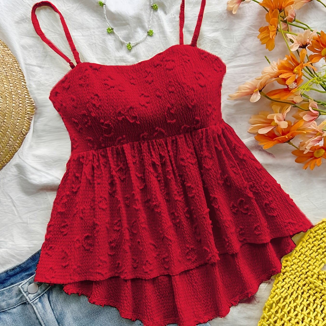 Image of Women's Summer Holiday Party Lunch Casual Wear. Sweet, Cute, Style. Texture, Cut-out, Ruffle Trim, Thin Straps, Elastic, Loose Fit, Asymmetrical Hem, Tank Top