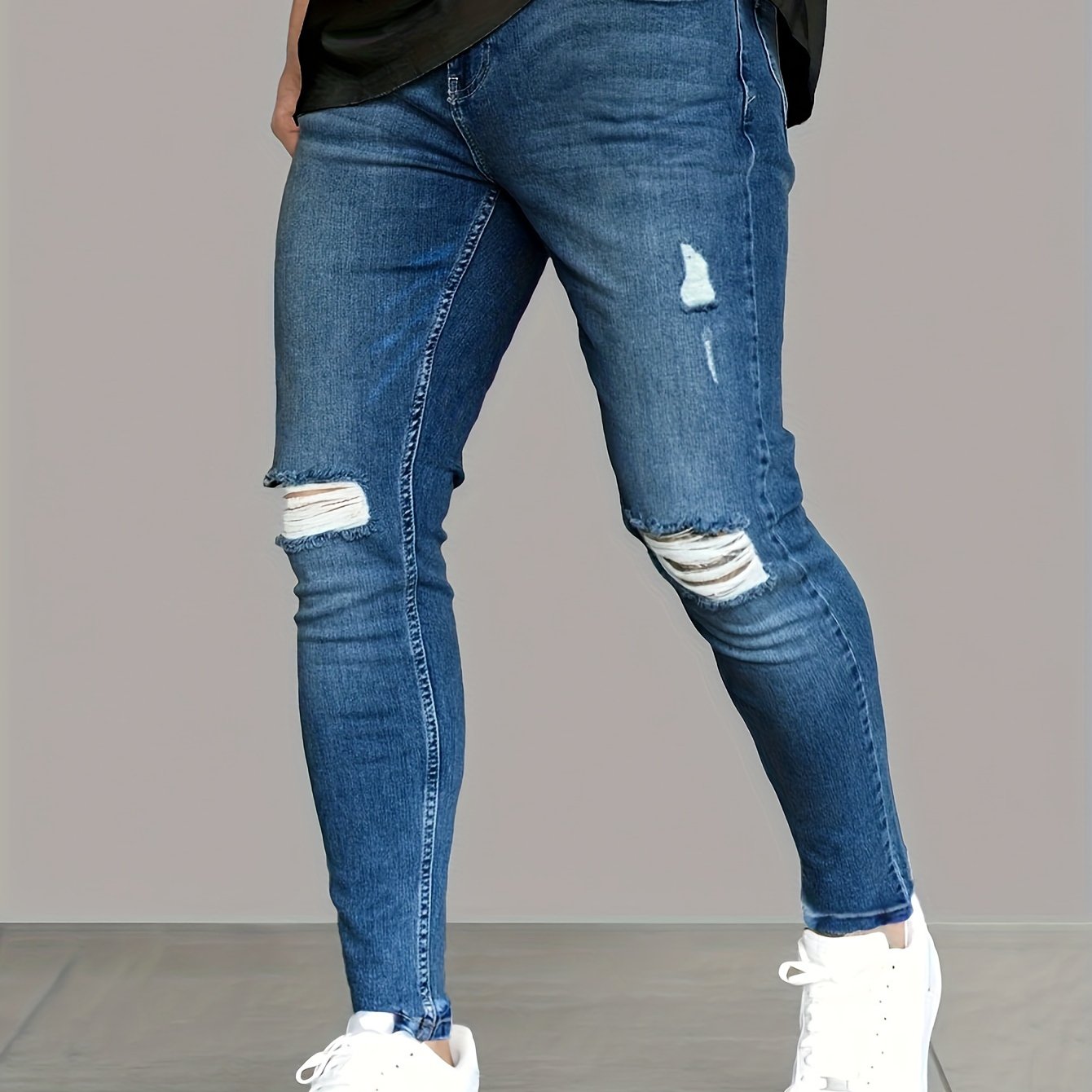 TEMU Casual Jeans With Ripped - Stretch Composition (66% Cotton, 27% , 6% , 1% Elastane) Regular Length Woven Pants