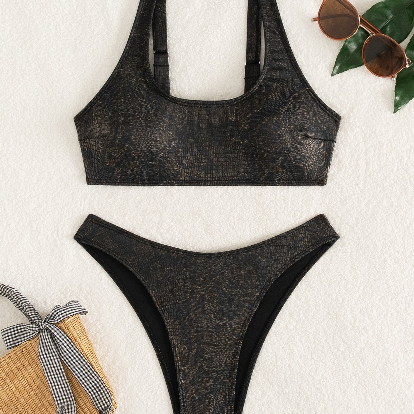 E-shop Modisches Schlangenhaut Jacquard Bikini Set mit eckiger Ausschnitt, verstellbare Träger, Damen Badeanzug, lässig, elegant, Strandurlaub Bademode