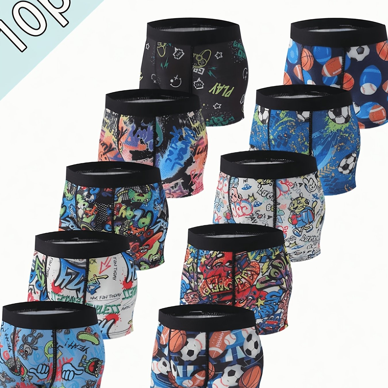 Image of Dingguagua 10pcs Knitted Printed Boys' Youth Boxer Briefs - Soft, Comfortable, -friendly, Breathable Fabric, Suitable For , Worn As Outerwear On Summer , Non-restrictive For Sports