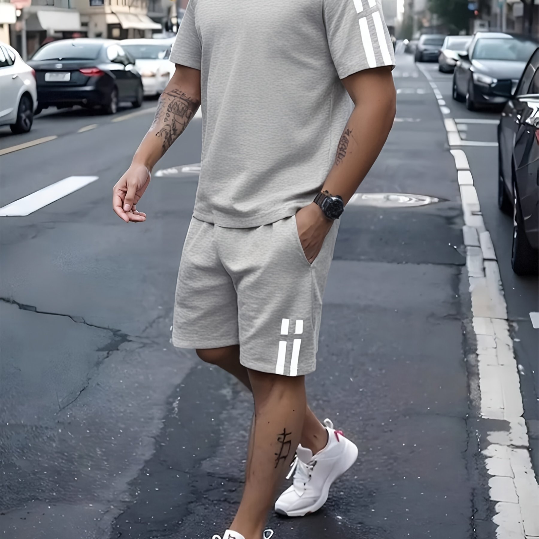 E-shop Ein stilvolles zweiteiliges Sommeroutfit für Herren, bestehend aus einem kurzärmeligen Rundhals-T-Shirt und Shorts mit .