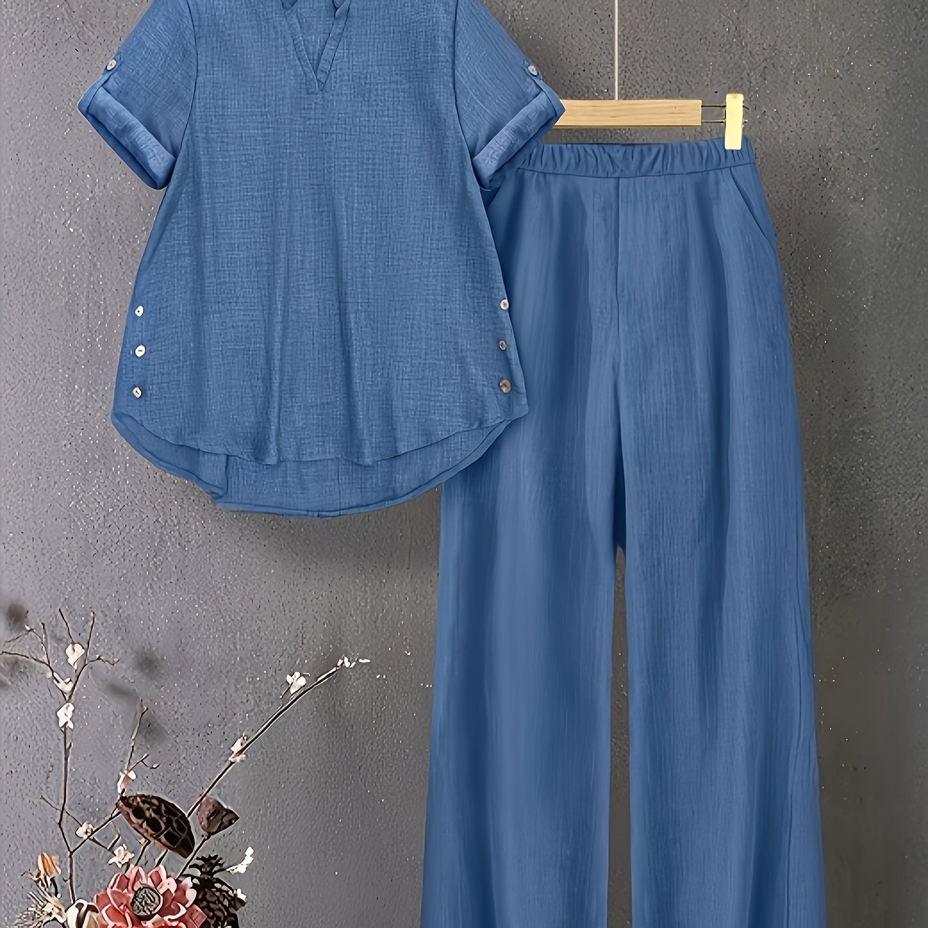 -neck Button-detail Short-sleeve Top With Elastic Waist And Side Slant Pockets Women's Set