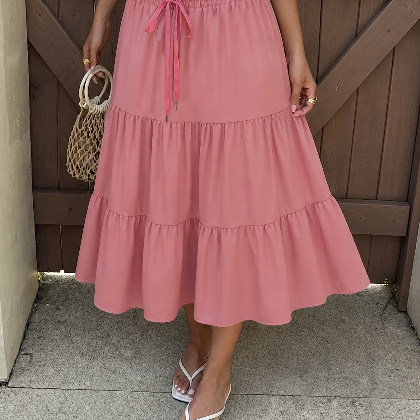 TEMU Fashion Cake Puff Skirt, Elastic Waist Design, Solid Color A-line Full Skirt