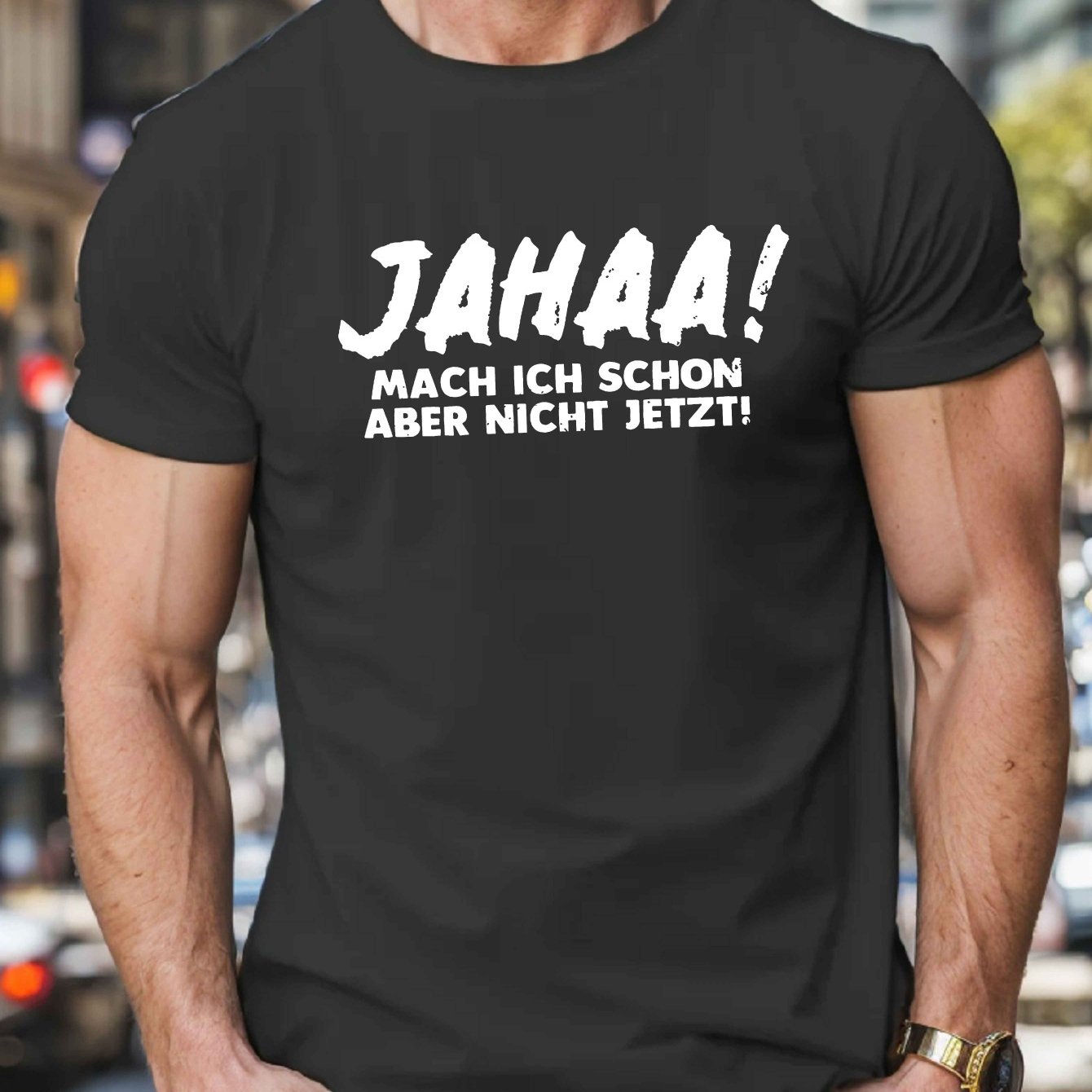 TEMU Men's Casual Crew Neck T-shirt, 100% Polyester Knit Fabric, Geometric Pattern, Stretch, Regular Fit, Summer Top - Funny German Slogan Print