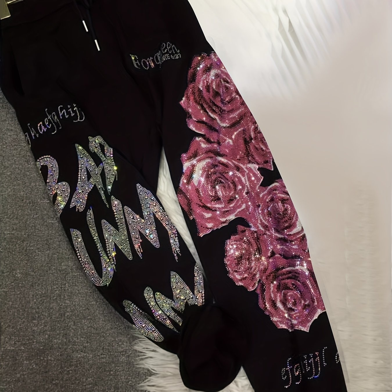 Image of Oversized Sweatpants For Women - Rose Rhinestones Graphic - Drawstring Joggers With Pockets Waist - Cropped Length Pants High Waist Casual Comfortable Sparkling