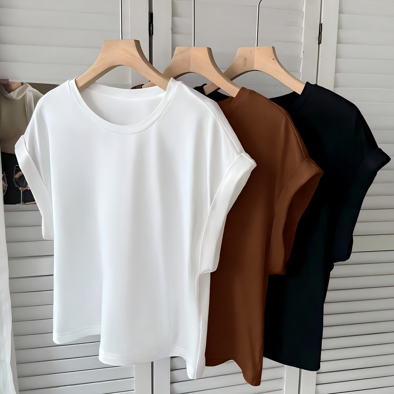 TEMU 3pcs Women' Color Short Sleeve T-shirts With Roll-up Sleeve - Round Neck Casual Summer Blouses, Machine Washable Opaque Suitable For Outdoor,