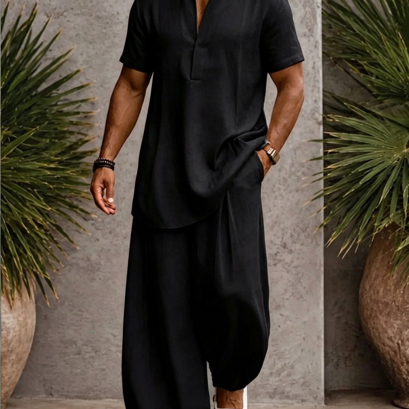 Men's 2pcs Set V-neck Half- Short-sleeve Loose Top & Loose Wide-leg Pants Casual Vacation Set