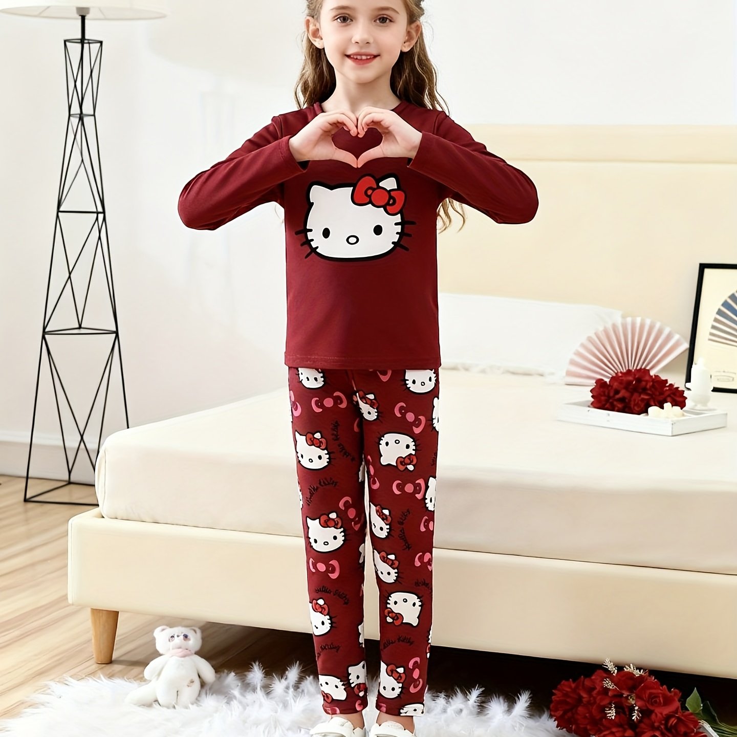 Hello Kitty Print Girls' Red Long-sleeve Print Fitted Long Pants 2pcs Loungewear Set