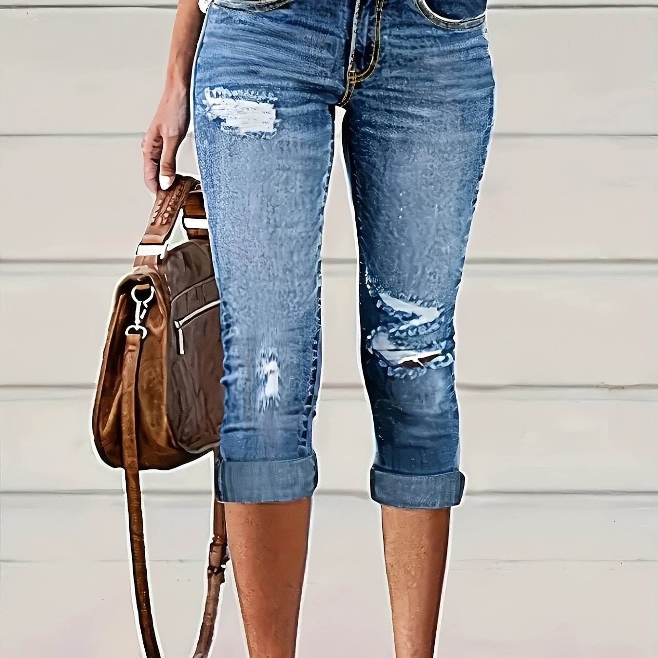 Women's Fashion Ripped Stretch Skinny Cropped Jeans