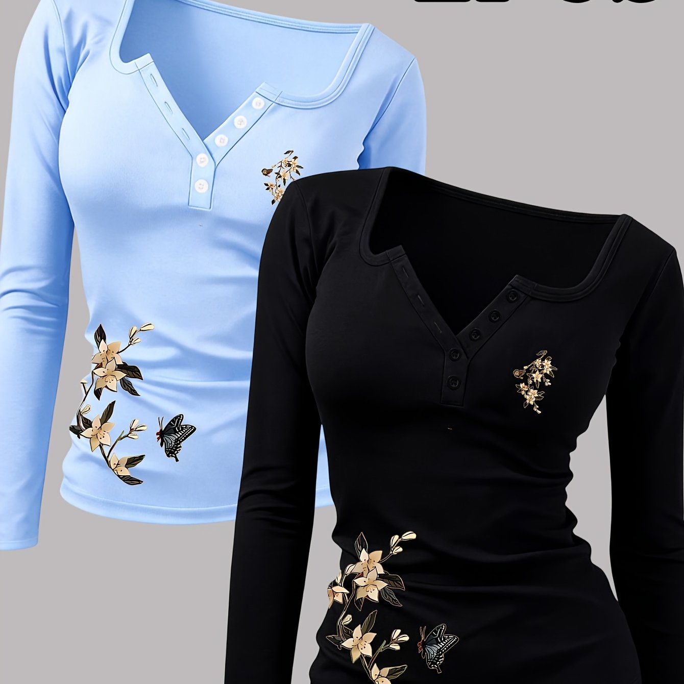 TEMU 2pcs Floral Print Women's Hot Outfit, Button-up Sexy Round Neck Long Sleeve T-shirt, A Revealing