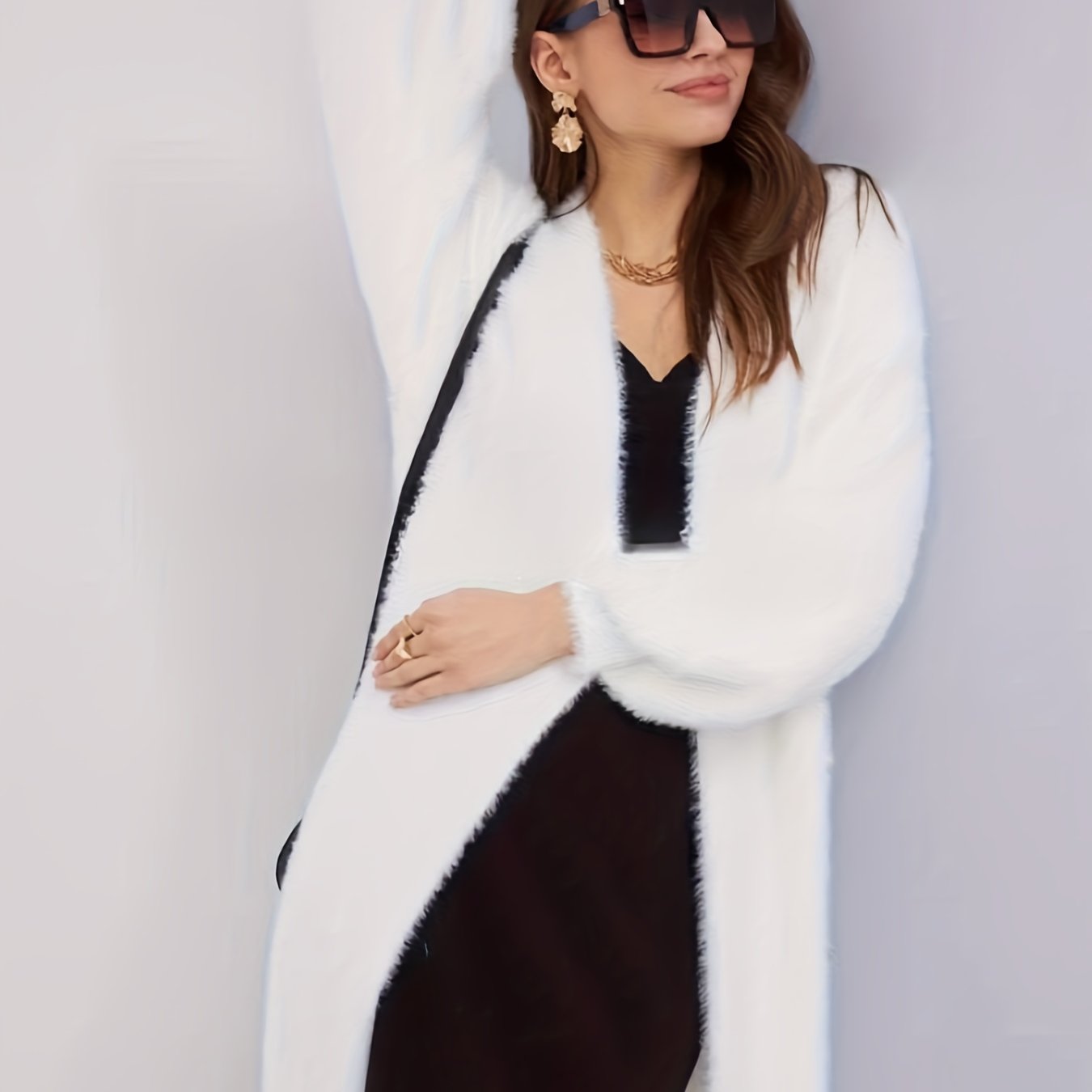 TEMU ( Mink) Women's Sweater Elegant Cardigan, Autumn Winter White Warm Comfortable Sweater, Easy Lazy Style Over-the-knee Mid-length Coat