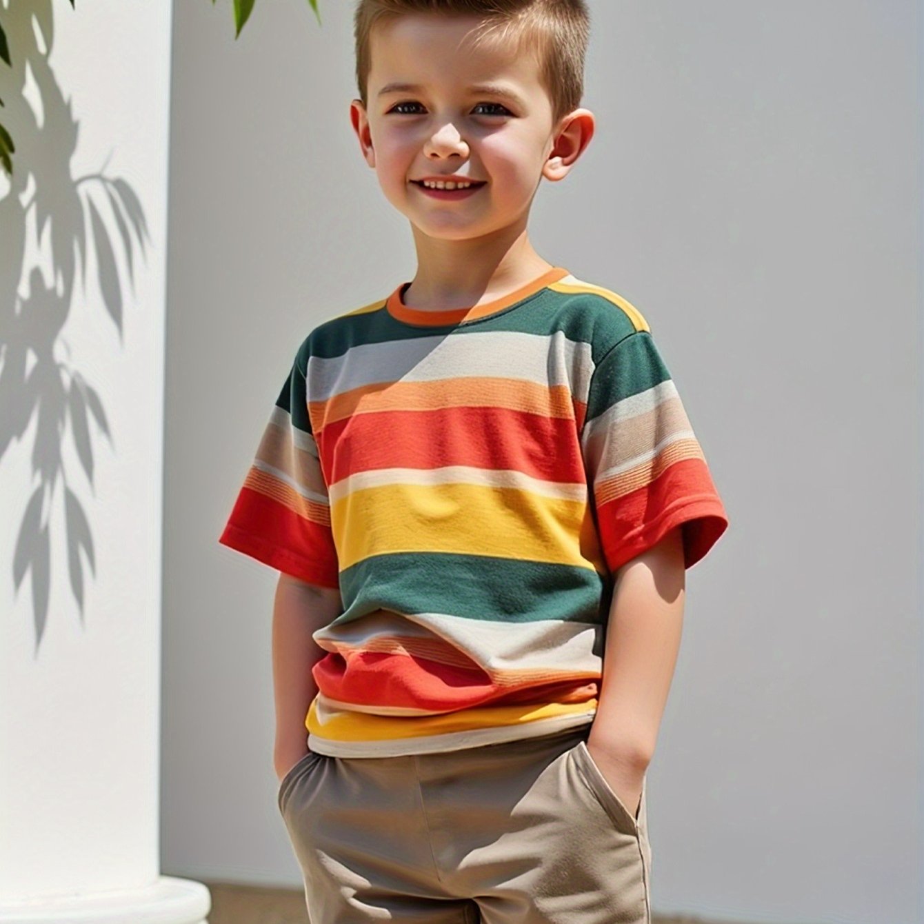 E-shop Jungenmode Outfit Sommer Kurzarm T-Shirt Trendiges Gestreiftes Oberteil Jungen Sommer Ausflug Sportshorts Set 2-teilig Geeignet für Sommer, für